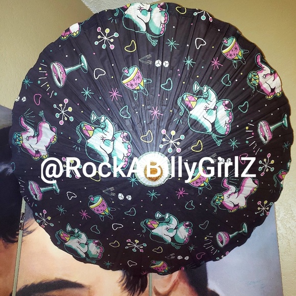 Sourpuss 32" Retro Pink Teal Elephants Martini Glass Paper Parasol Bamboo Handle - Picture 3 of 8